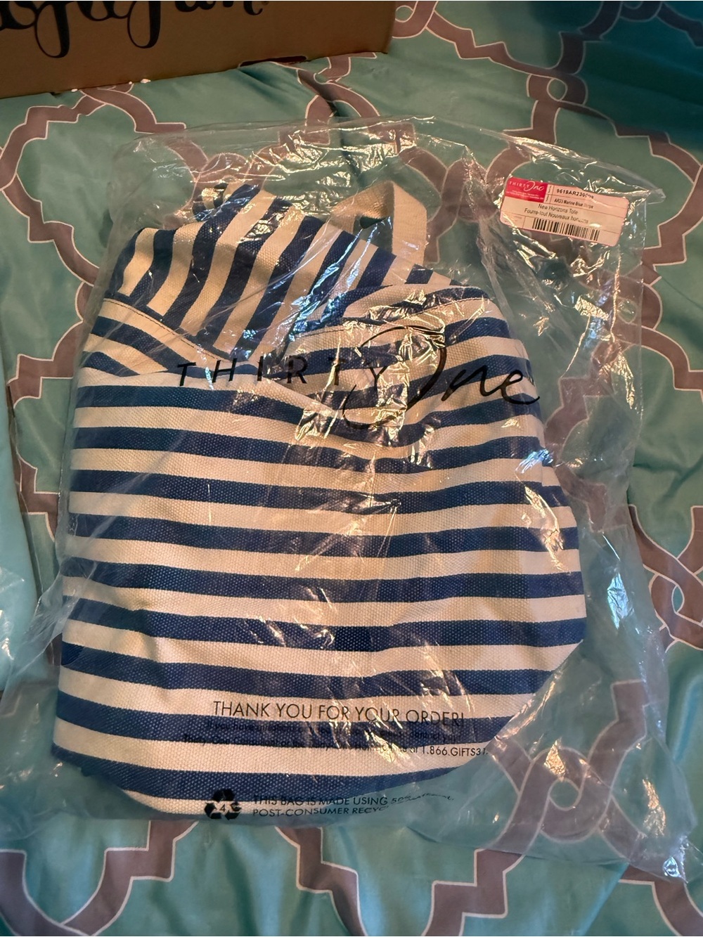 NWT - thirty one Canvas Striped Tote Bag in Navy and White - Picture 10 of 11